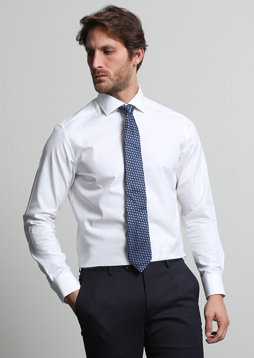 White Micro Regular Fit Long Weaving Classical 100% Cotton Shirt - 1