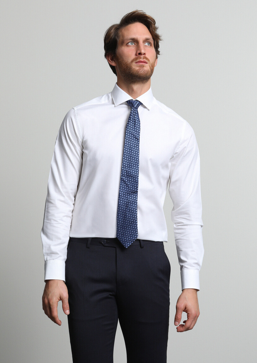 White Micro Regular Fit Long Weaving Classical 100% Cotton Shirt - 3