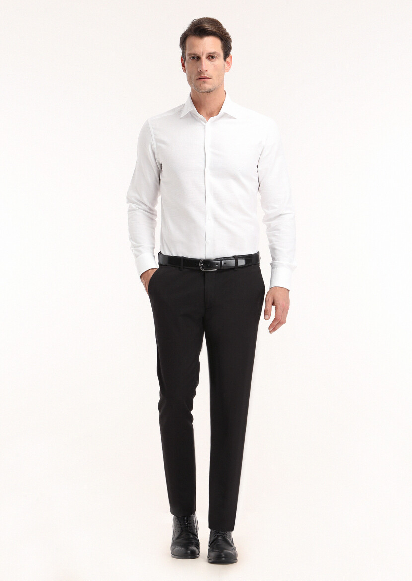 White Micro Regular Fit Long Weaving Classical 100% Cotton Shirt - 1