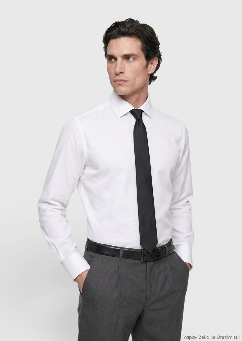 White Micro Regular Fit Long Weaving Classical 100% Cotton Shirt - RAMSEY