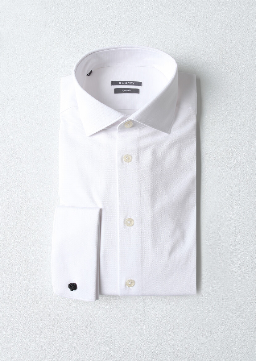 White Micro Regular Fit Long Weaving Classical Cotton Blended Shirt - 1