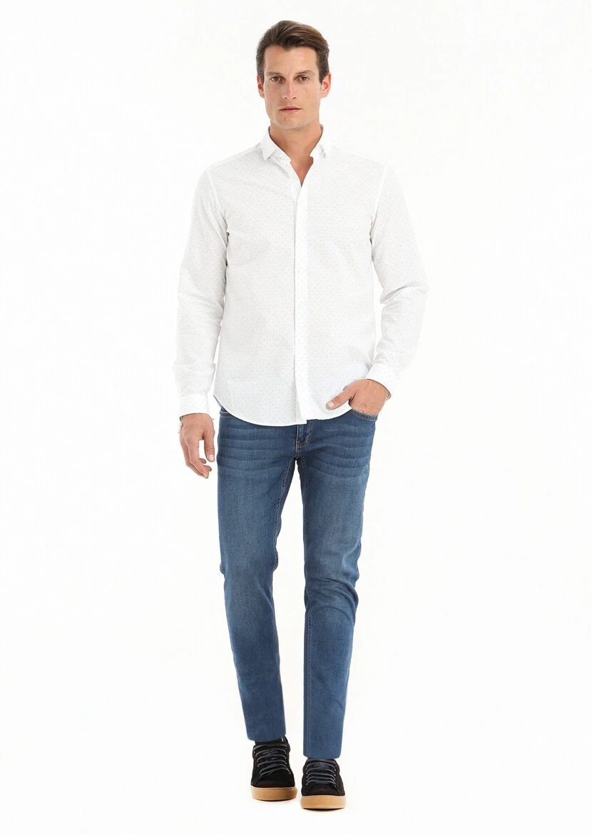 White Micro Regular Fit Weaving Casual Cotton Blended Shirt - 1