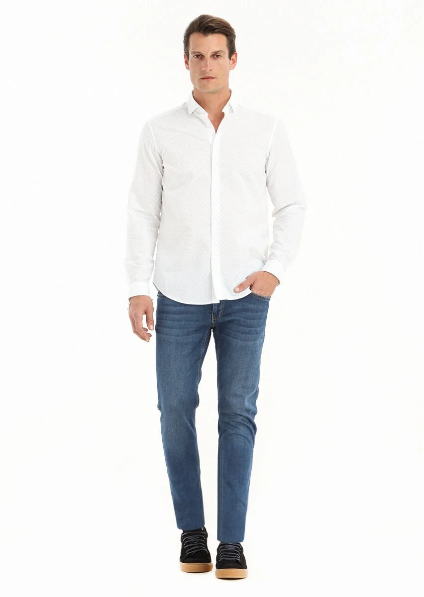White Micro Regular Fit Weaving Casual Cotton Blended Shirt - 1