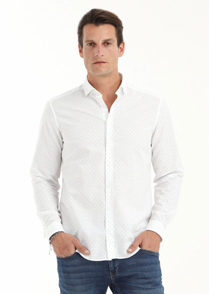 White Micro Regular Fit Weaving Casual Cotton Blended Shirt - 3