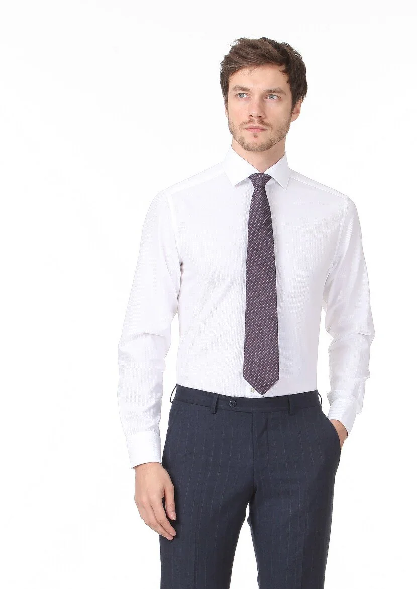White Micro Regular Fit Weaving Classical 100% Cotton Shirt - 3
