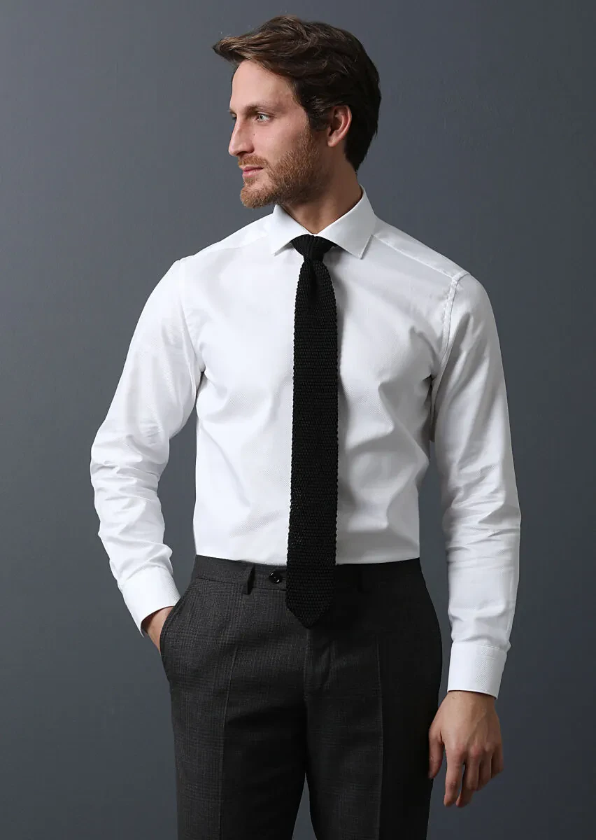 White Micro Regular Fit Weaving Classical 100% Cotton Shirt - 3