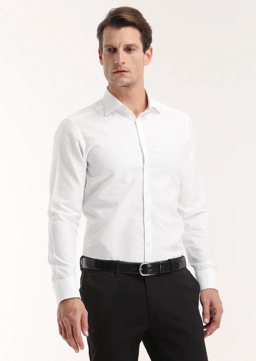 White Micro Regular Fit Weaving Classical 100% Cotton Shirt - 2
