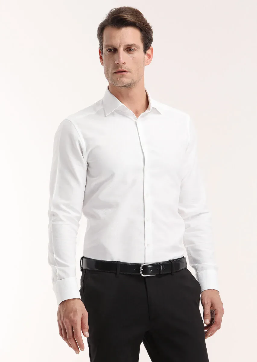White Micro Regular Fit Weaving Classical 100% Cotton Shirt - 2