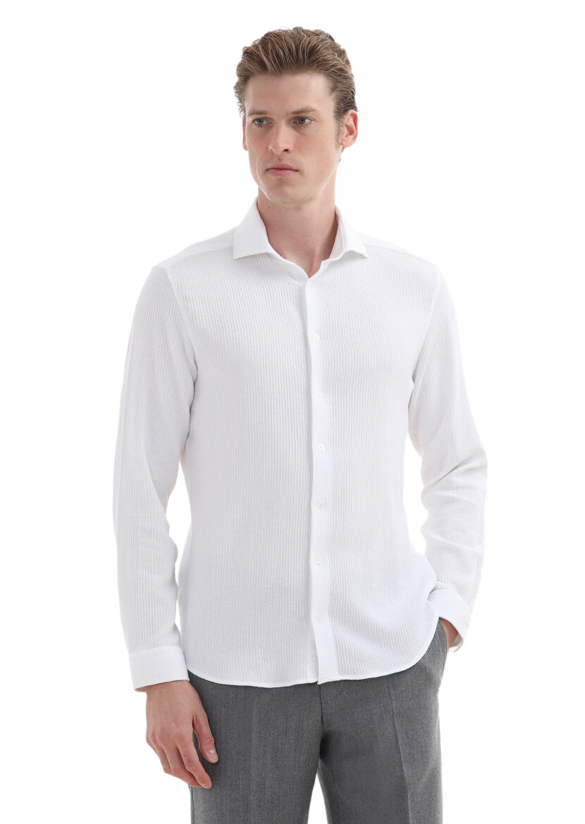 White Micro Slim Fit Long Knitting Casual 100% Cotton Shirt - 2