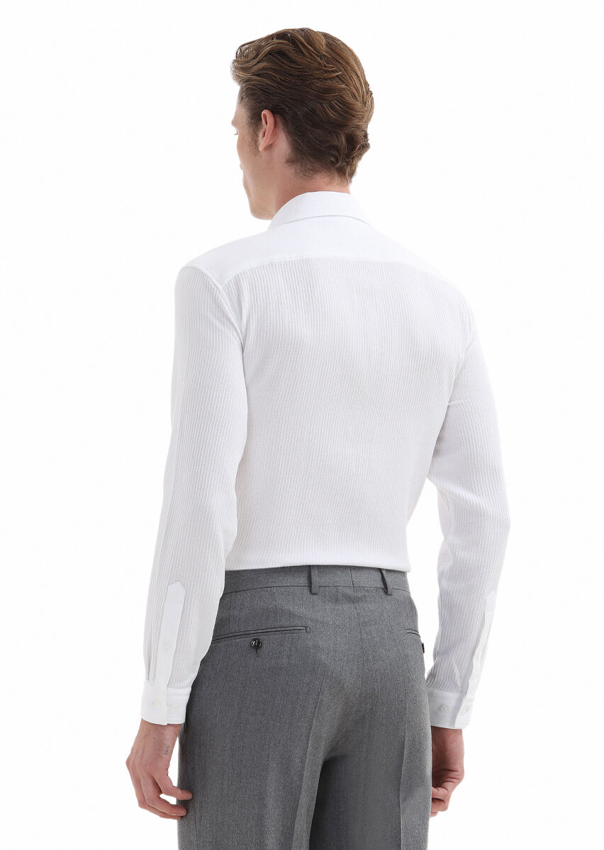 White Micro Slim Fit Long Knitting Casual 100% Cotton Shirt - 4
