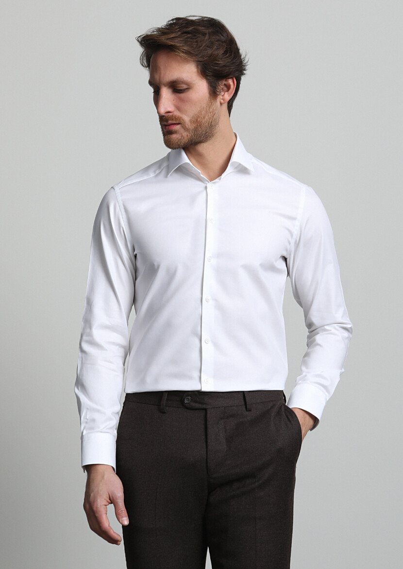 White Micro Slim Fit Long Weaving Classical 100% Cotton Shirt - 1