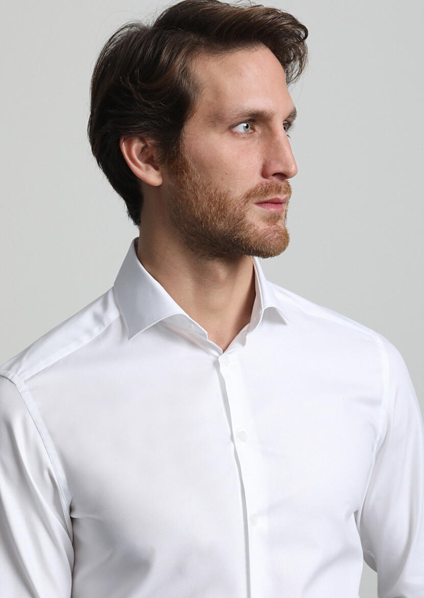White Micro Slim Fit Long Weaving Classical 100% Cotton Shirt - 2