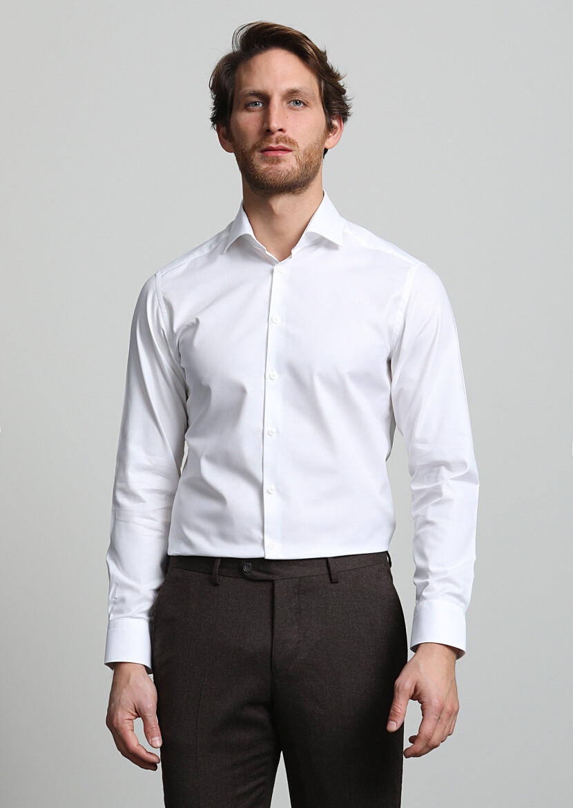 White Micro Slim Fit Long Weaving Classical 100% Cotton Shirt - 3