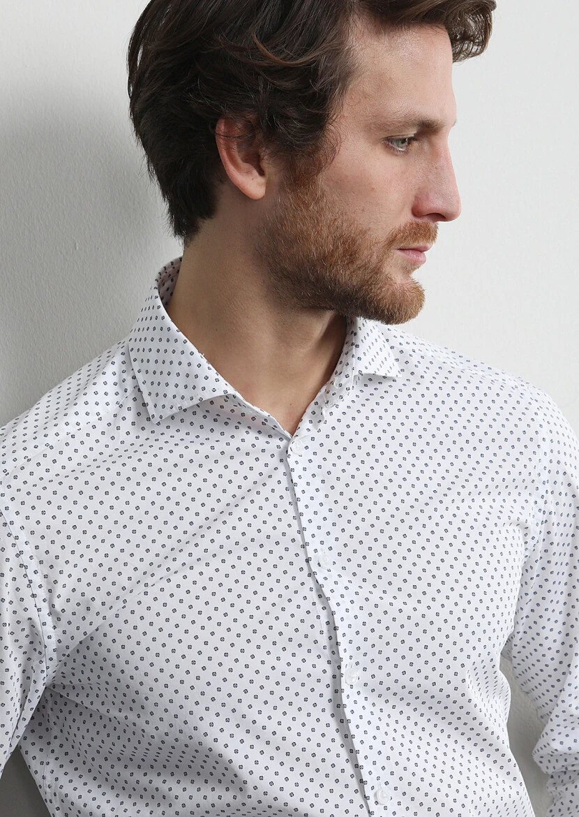 White Micro Slim Fit Weaving Casual 100% Cotton Shirt - 1
