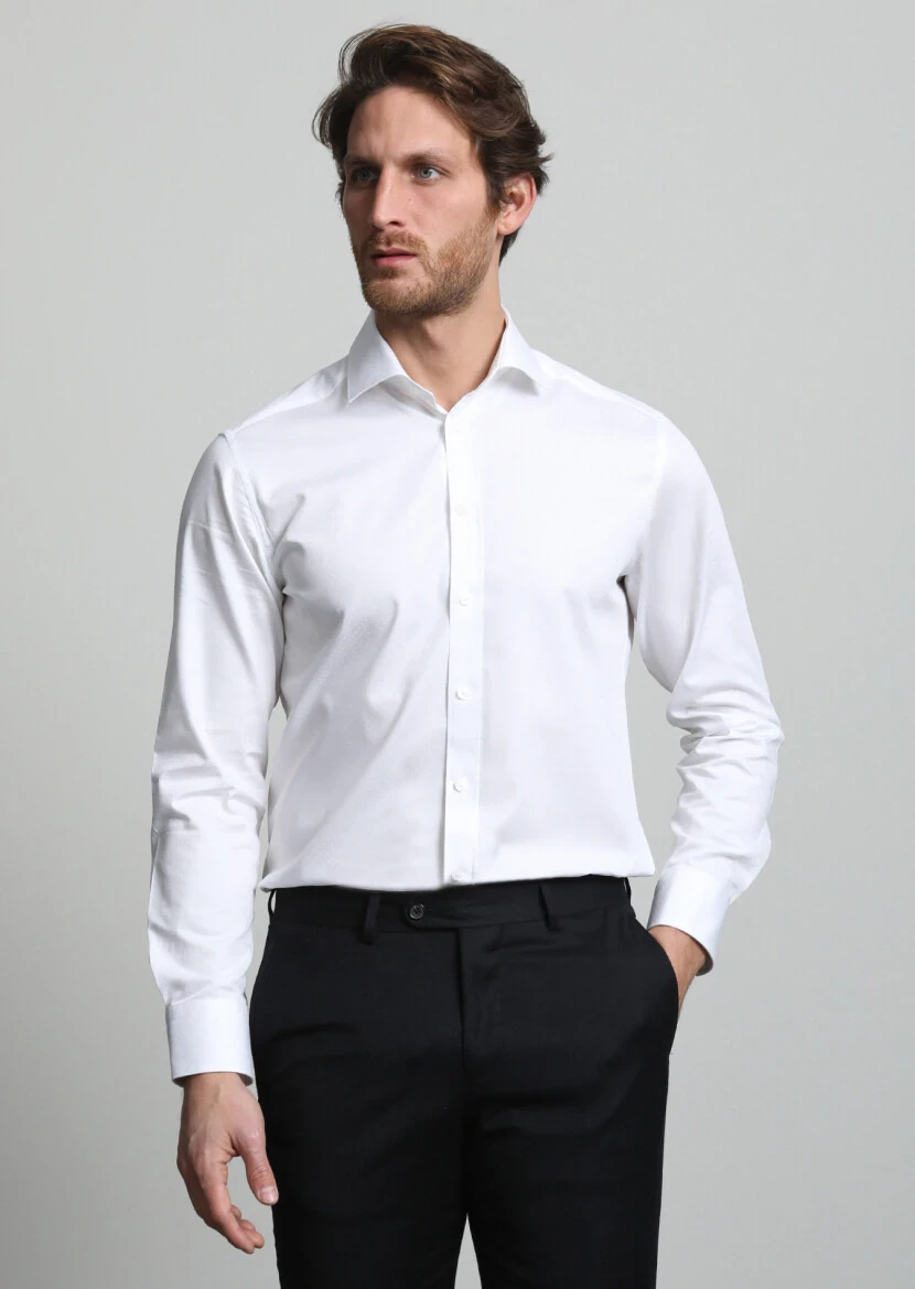 White Micro Weaving Classical 100% Cotton Shirt - 1