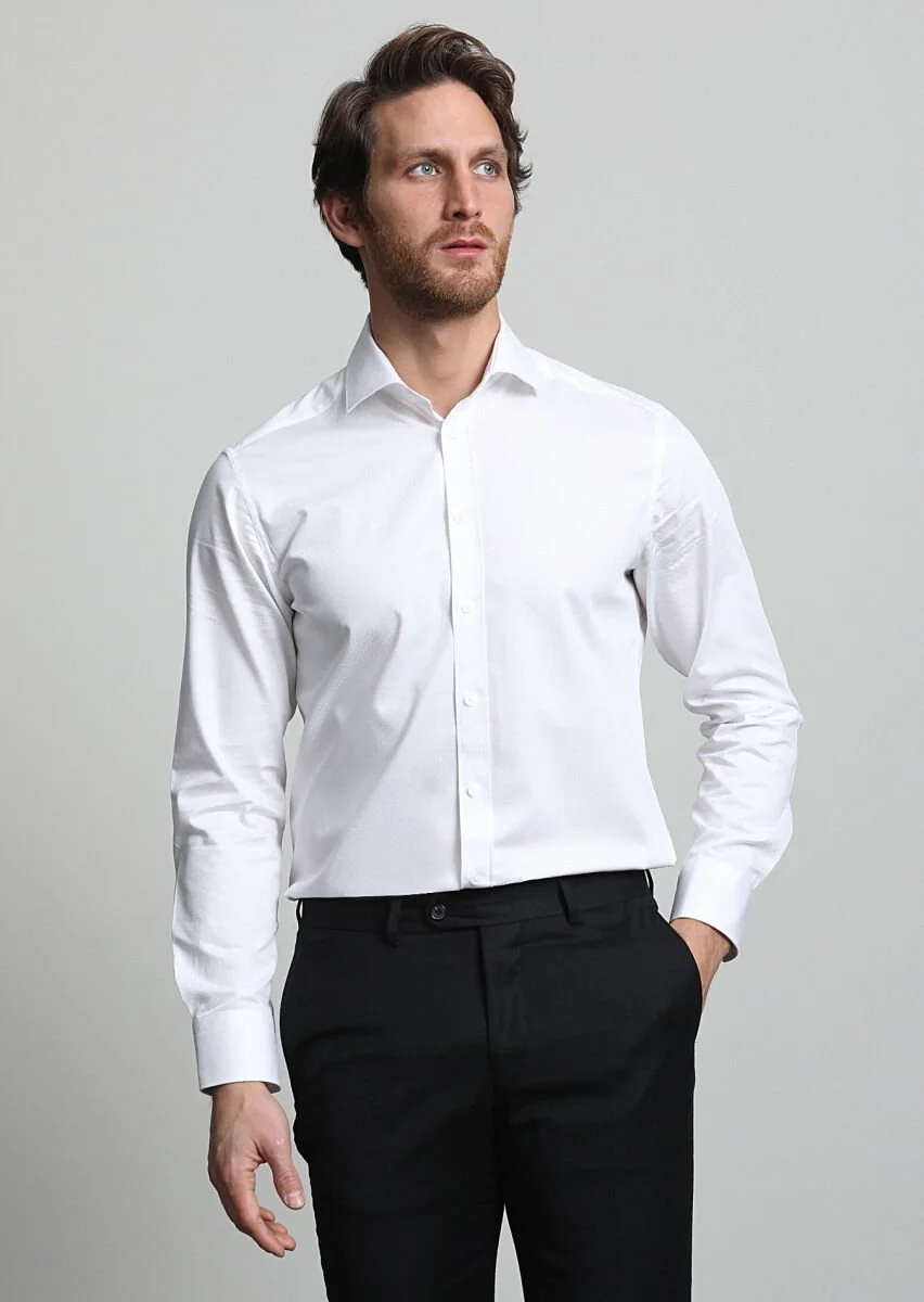 White Micro Weaving Classical 100% Cotton Shirt - 3