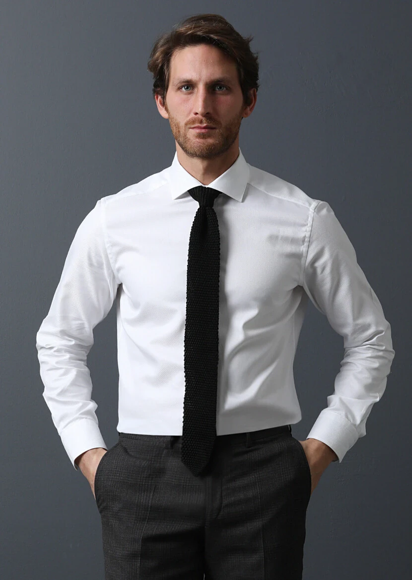 White Micro Weaving Classical 100% Cotton Shirt - 2