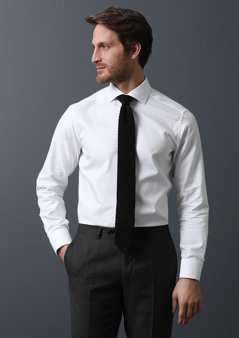White Micro Weaving Classical 100% Cotton Shirt - 3