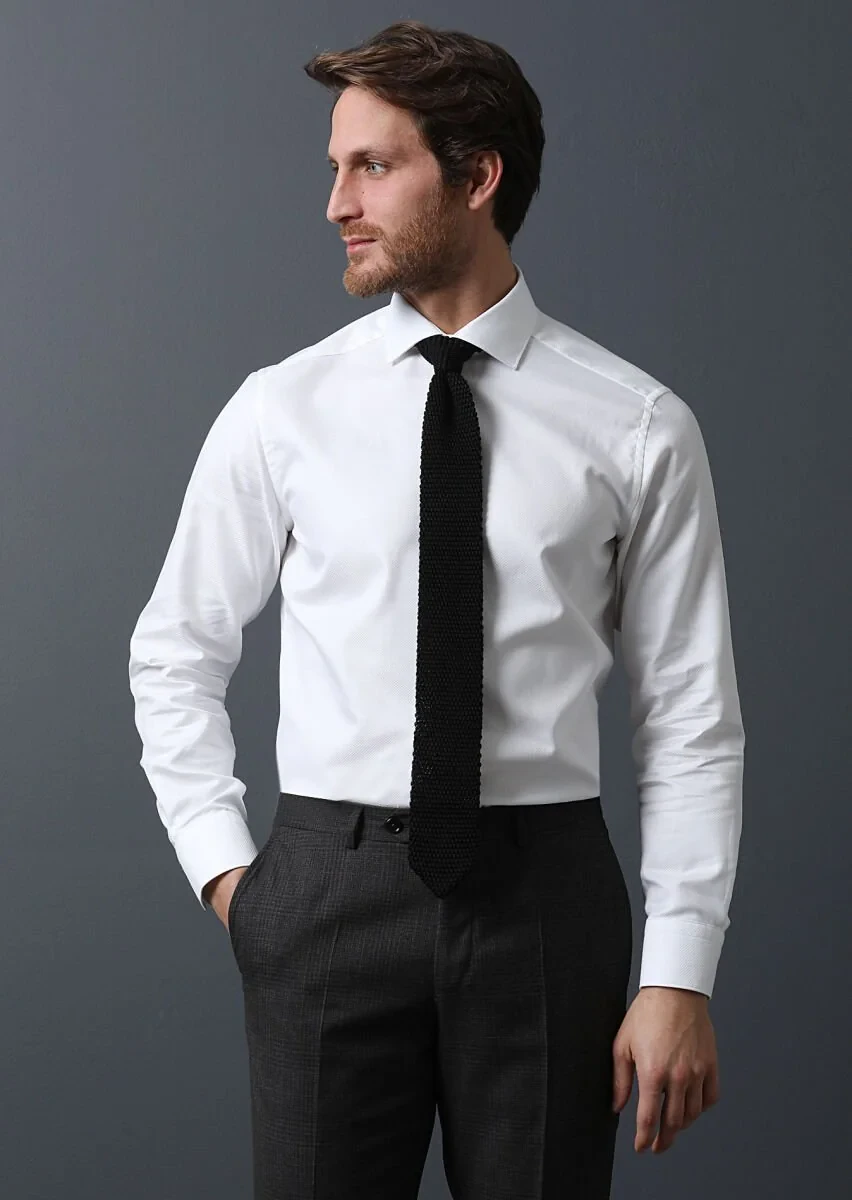 White Micro Weaving Classical 100% Cotton Shirt - 3