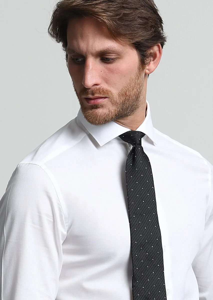 White Micro Weaving Classical Cotton Blended Shirt - 2