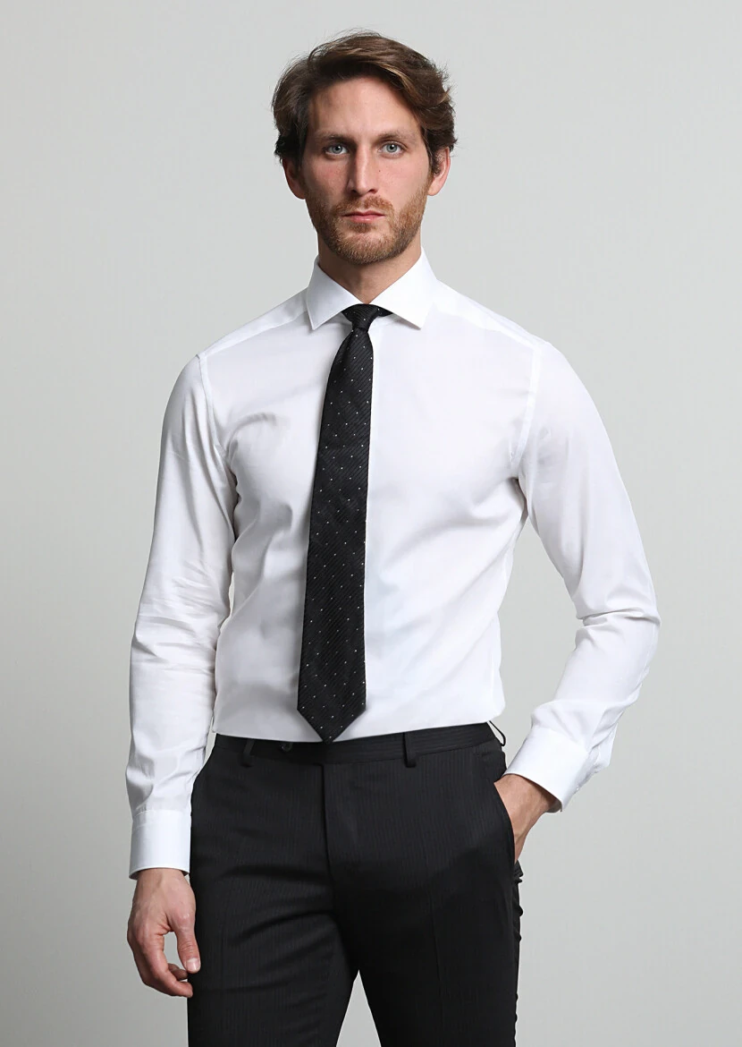 White Micro Weaving Classical Cotton Blended Shirt - 3