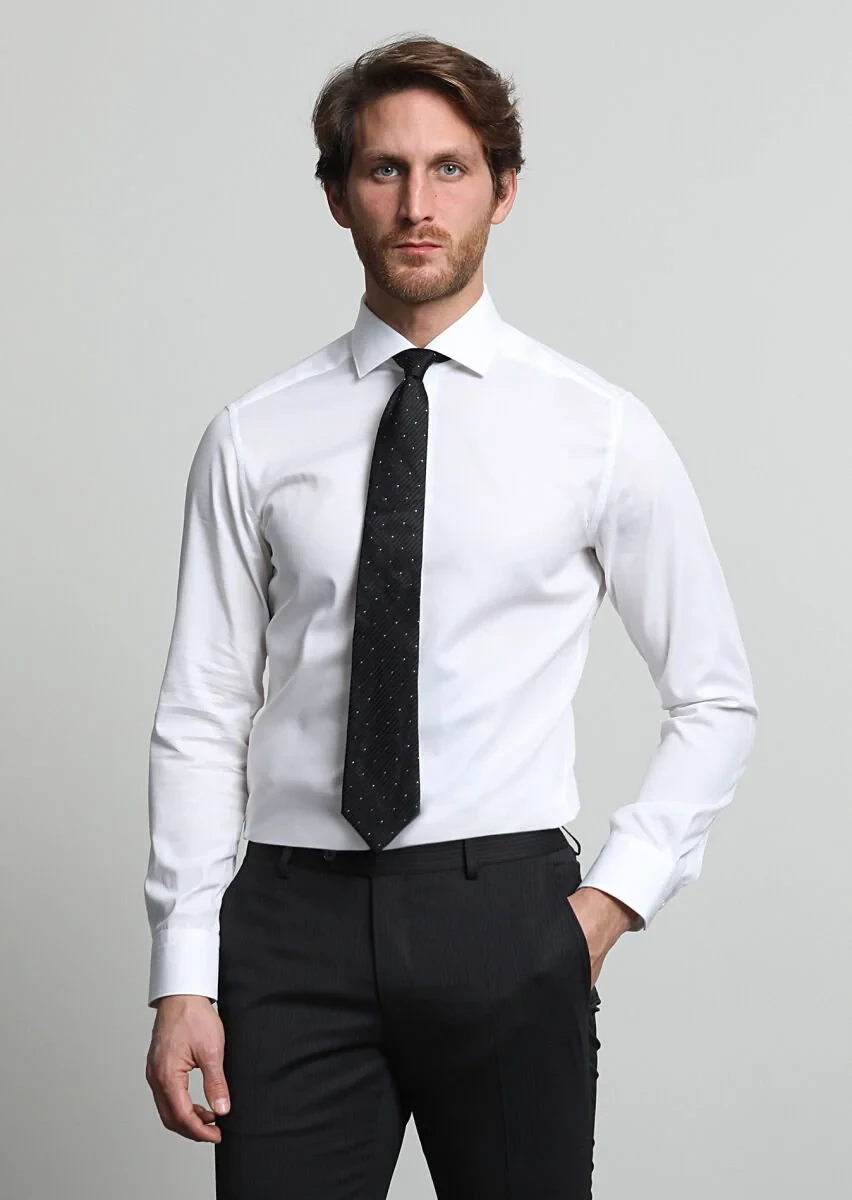 White Micro Weaving Classical Cotton Blended Shirt - 3