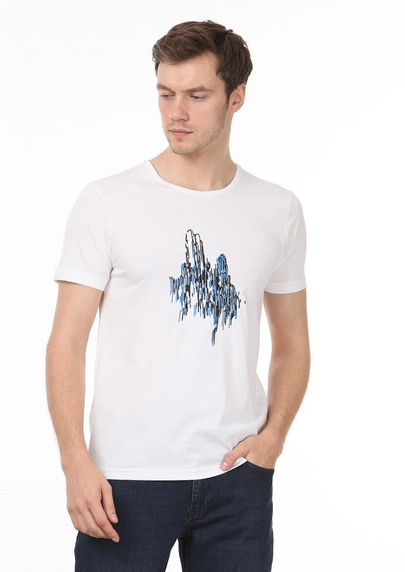 White Patterned 100% Cotton T-Shirt - 1