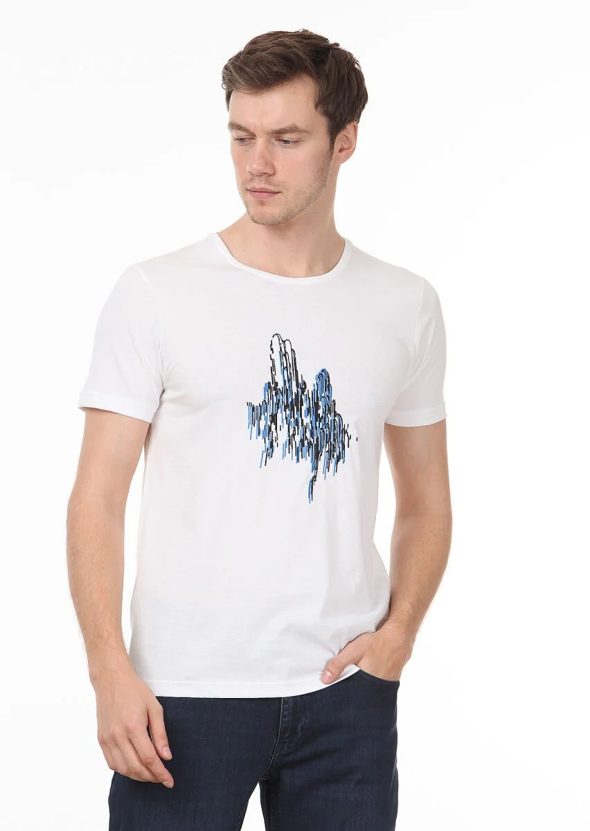 White Patterned 100% Cotton T-Shirt - 1
