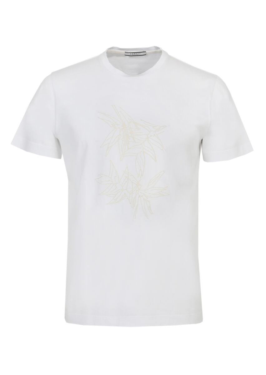 White Patterned Crew Neck 100% Cotton T-Shirt - 6