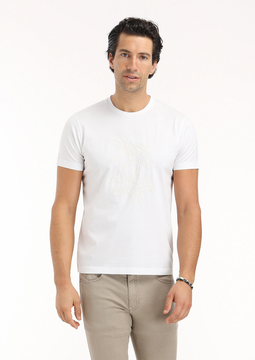 White Patterned Crew Neck 100% Cotton T-Shirt - 2