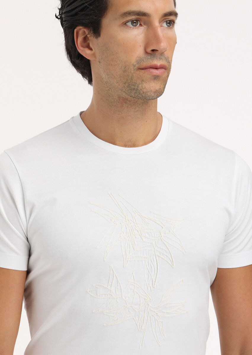 White Patterned Crew Neck 100% Cotton T-Shirt - 4