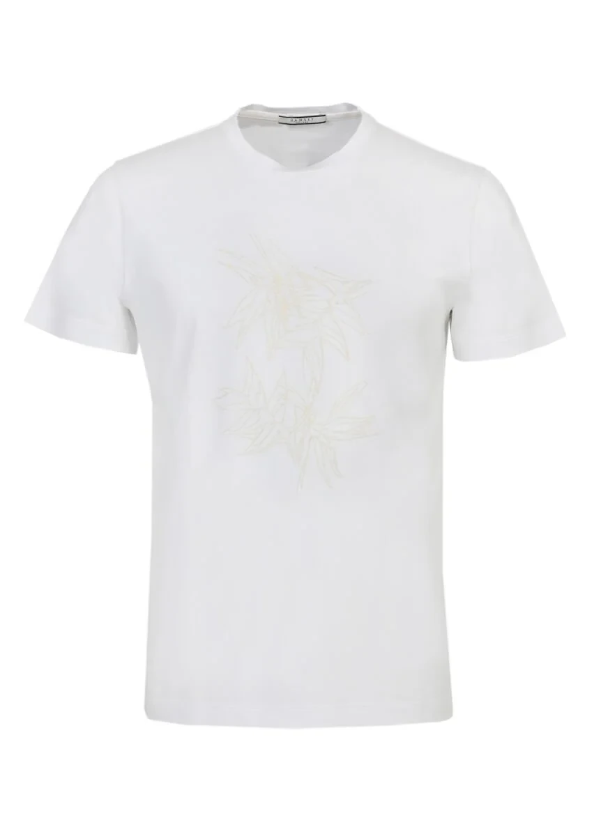 White Patterned Crew Neck 100% Cotton T-Shirt - 6