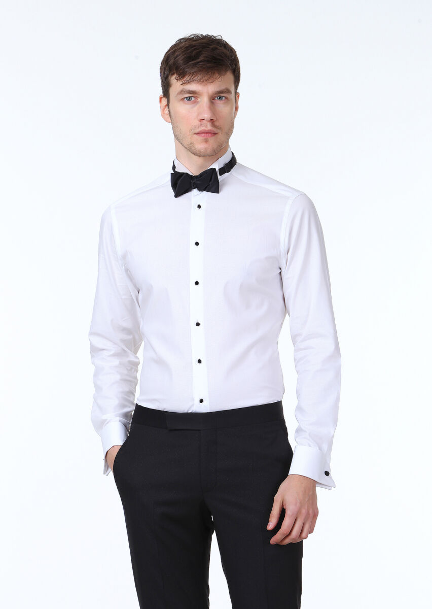 White Patterned Fitted Fit Double Cuff Wing Collar Tuxedo Shirts - 1