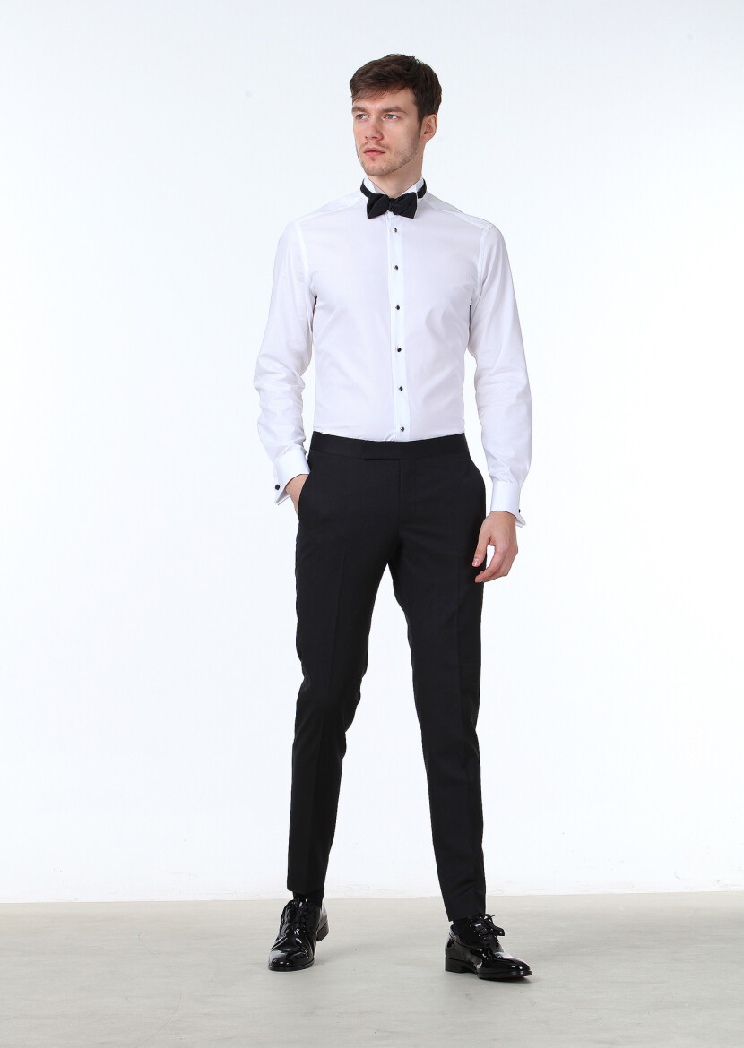 White Patterned Fitted Fit Double Cuff Wing Collar Tuxedo Shirts - 2