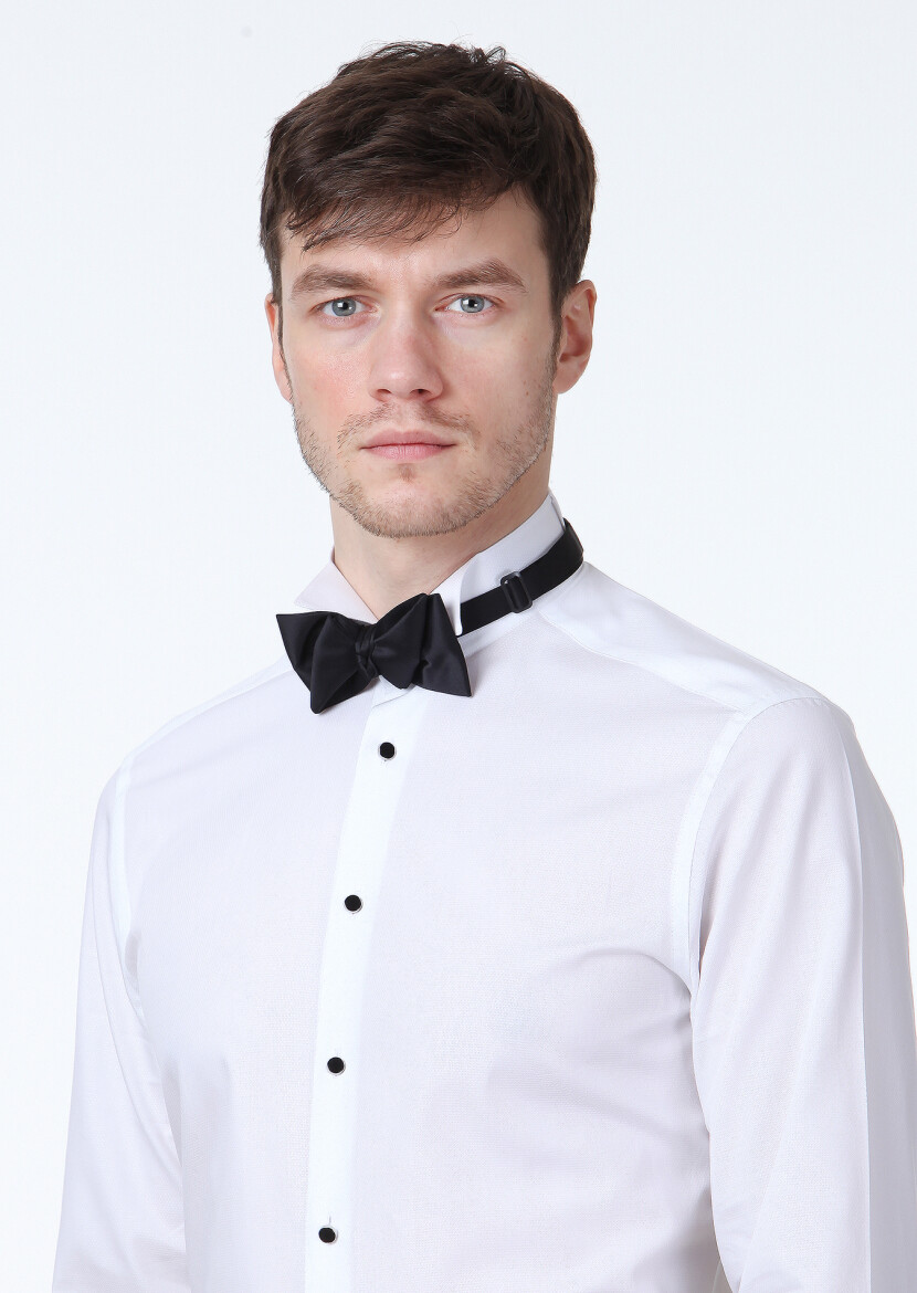 White Patterned Fitted Fit Double Cuff Wing Collar Tuxedo Shirts - 3