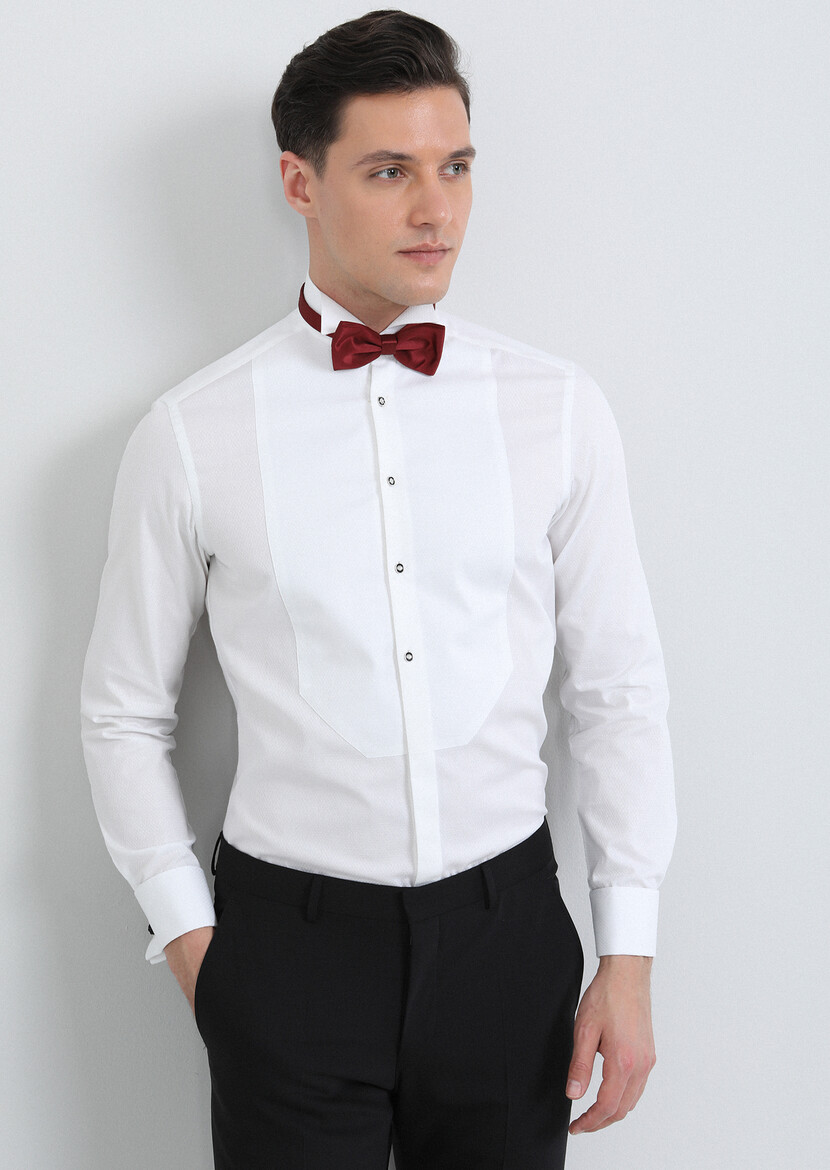 White Patterned Fitted Fit Double Cuff Wing Collar Tuxedo Shirts - 1