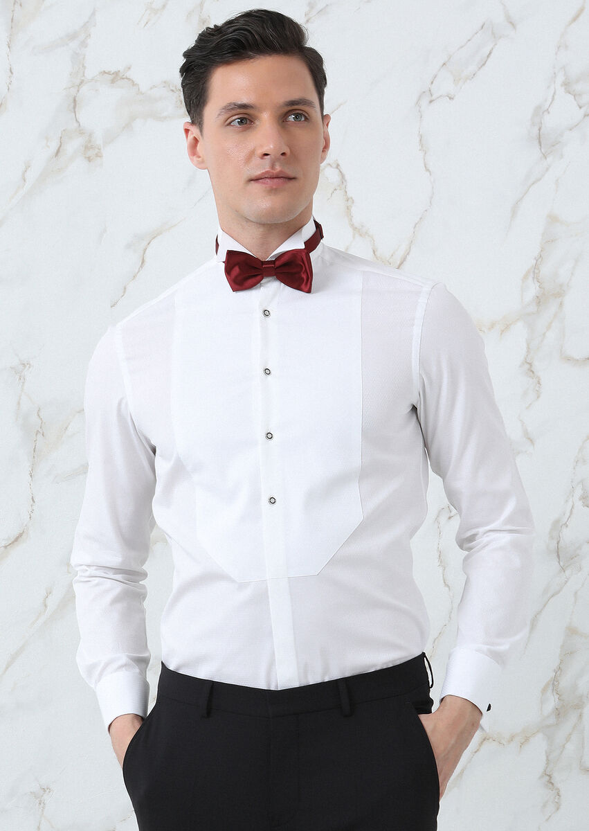 White Patterned Fitted Fit Double Cuff Wing Collar Tuxedo Shirts - 2