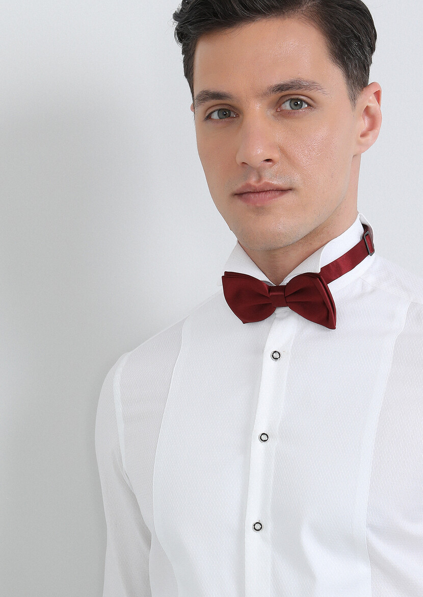 White Patterned Fitted Fit Double Cuff Wing Collar Tuxedo Shirts - 3