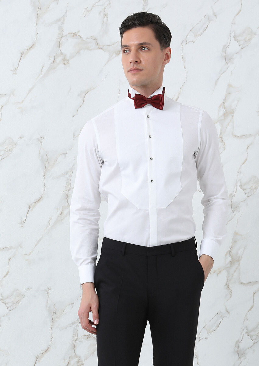 White Patterned Fitted Fit Double Cuff Wing Collar Tuxedo Shirts - 4