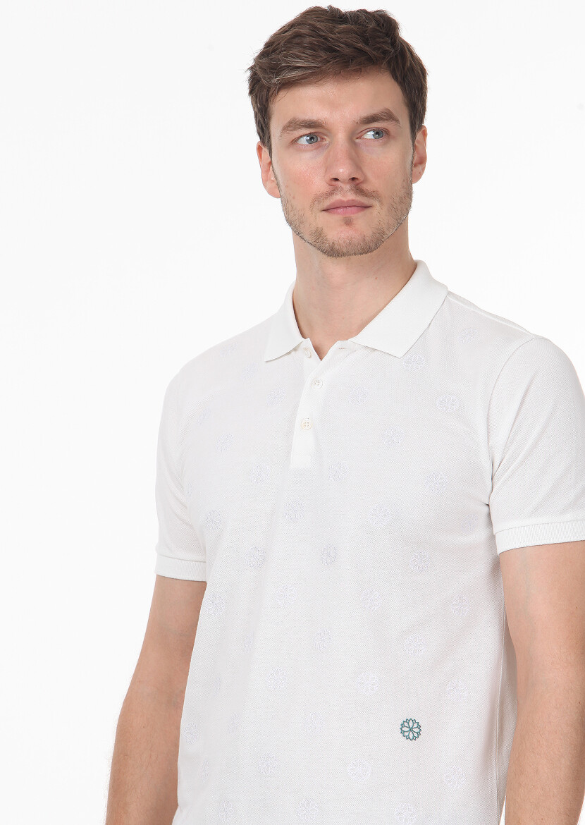 White Patterned Polo Neck 100% Cotton T-Shirt 