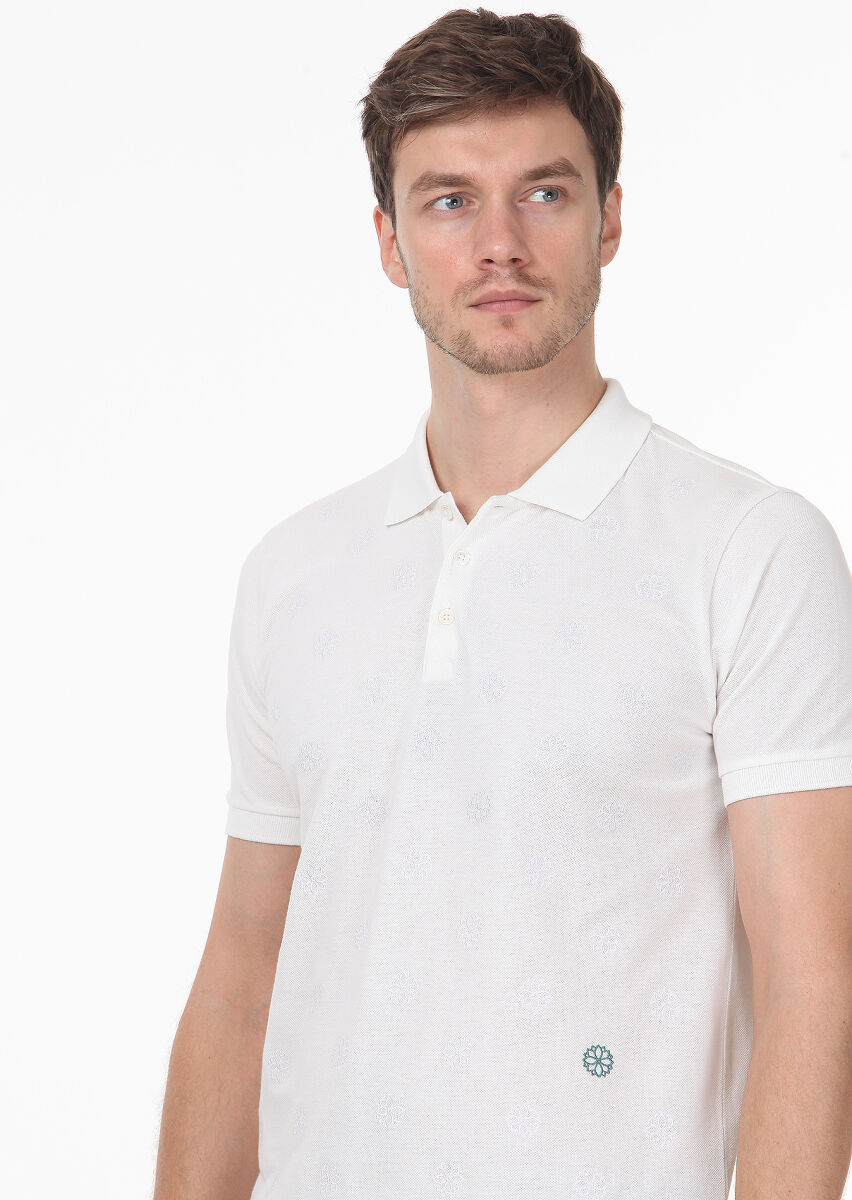 White Patterned Polo Neck 100% Cotton T-Shirt - 2