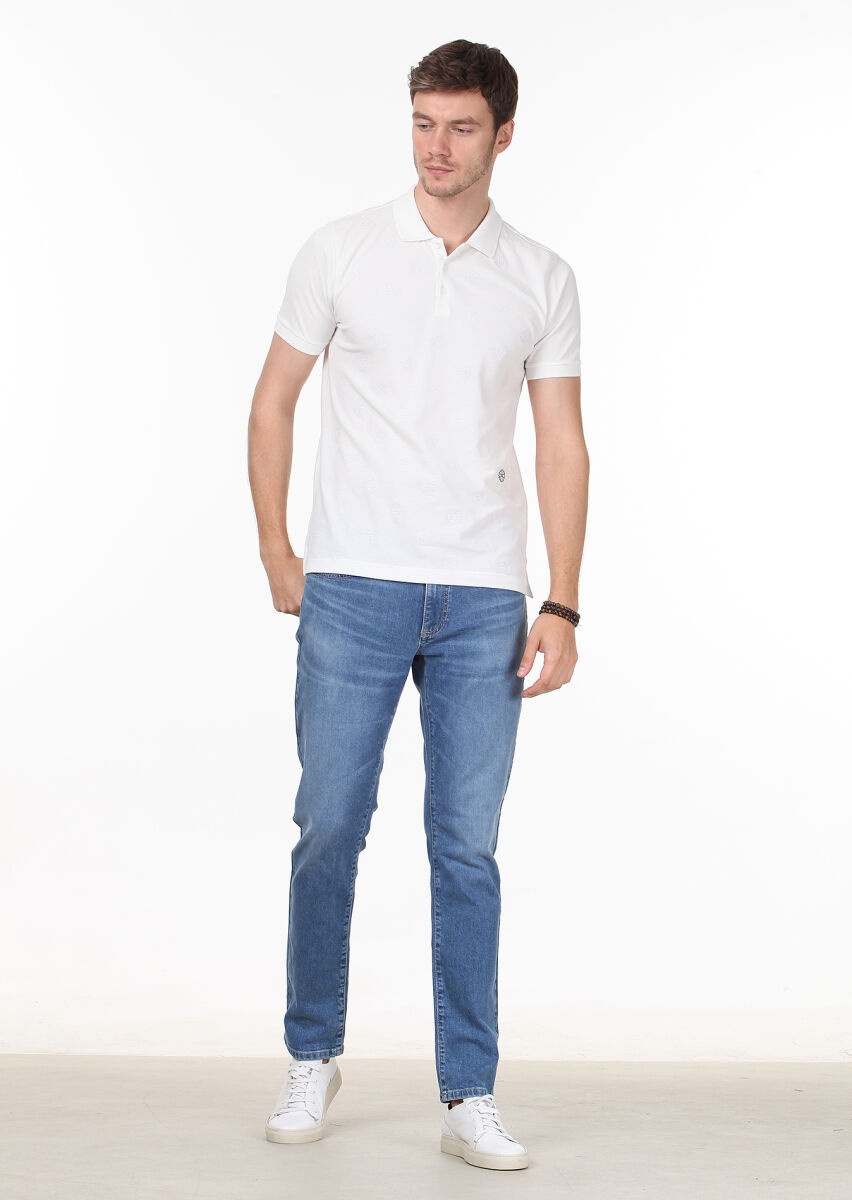 White Patterned Polo Neck 100% Cotton T-Shirt - 3