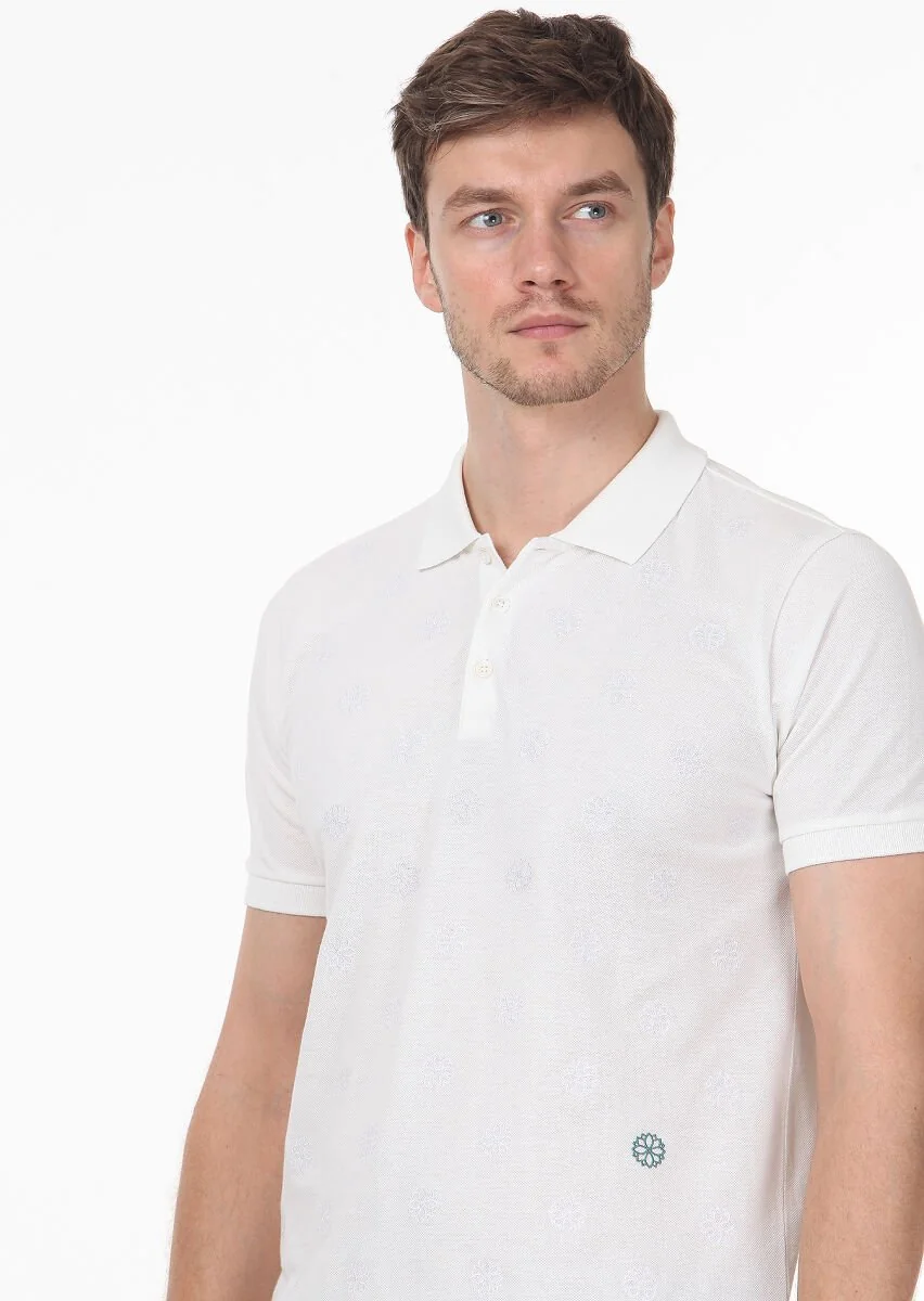 White Patterned Polo Neck 100% Cotton T-Shirt - 2