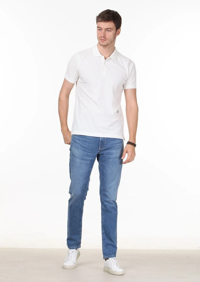 White Patterned Polo Neck 100% Cotton T-Shirt - 3