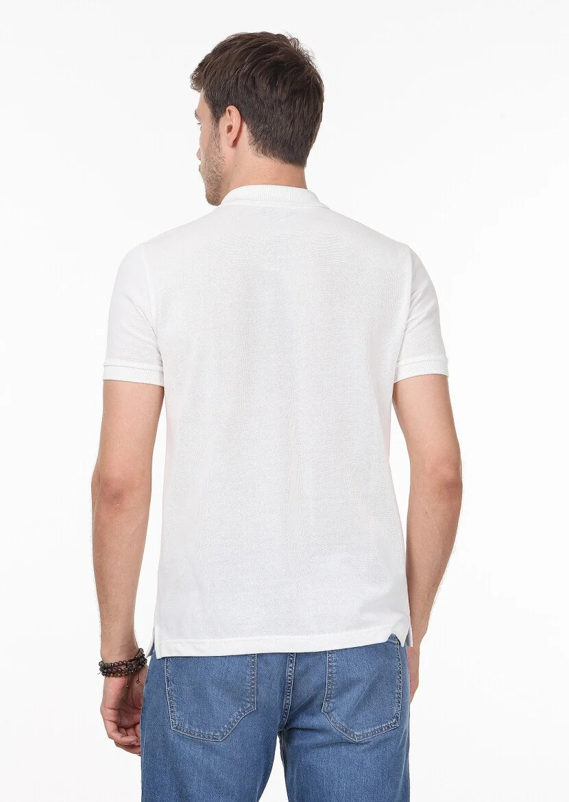 White Patterned Polo Neck 100% Cotton T-Shirt - 4