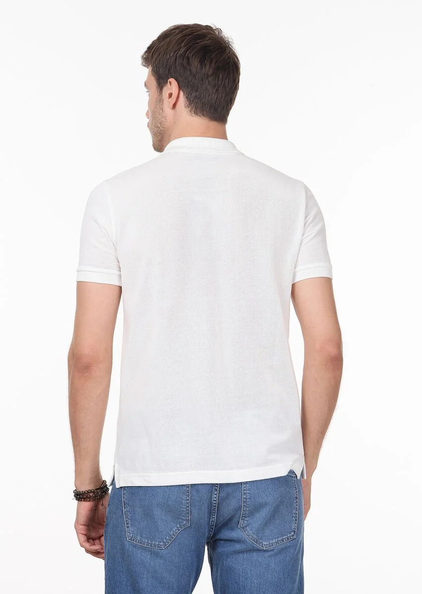White Patterned Polo Neck 100% Cotton T-Shirt - 4