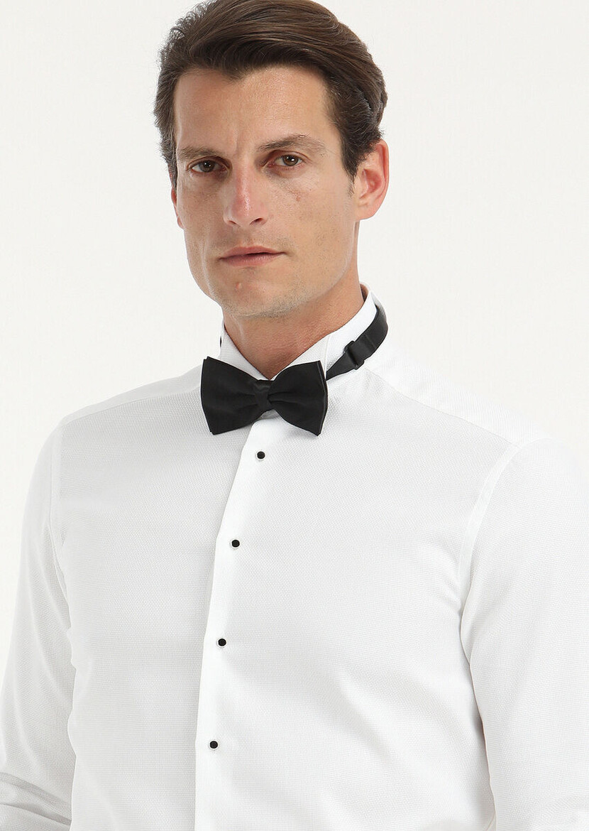 White Patterned Regular Fit Double Cuff Wing Collar Tuxedo Shirts - 1