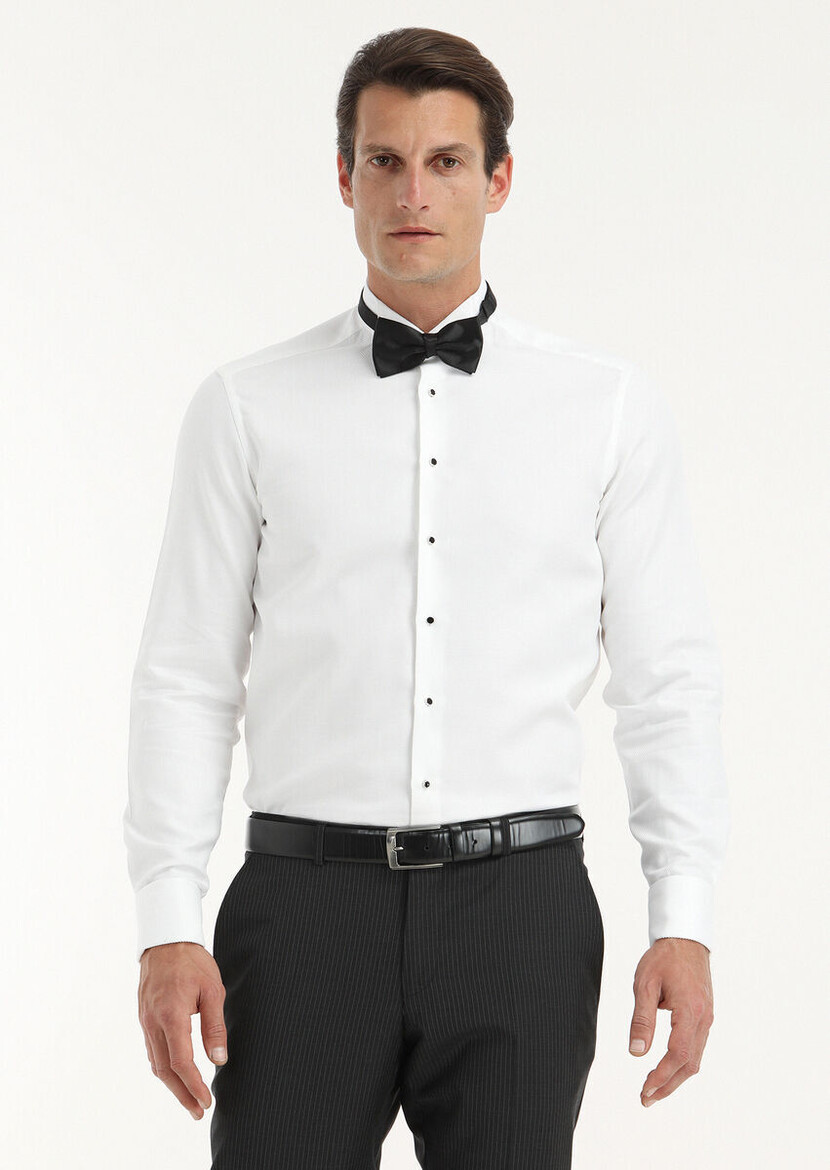 White Patterned Regular Fit Double Cuff Wing Collar Tuxedo Shirts - 3