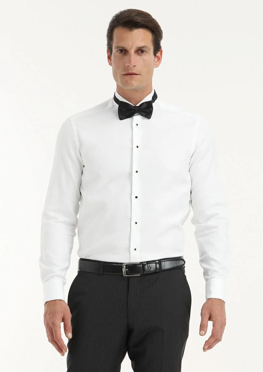 White Patterned Regular Fit Double Cuff Wing Collar Tuxedo Shirts - 3