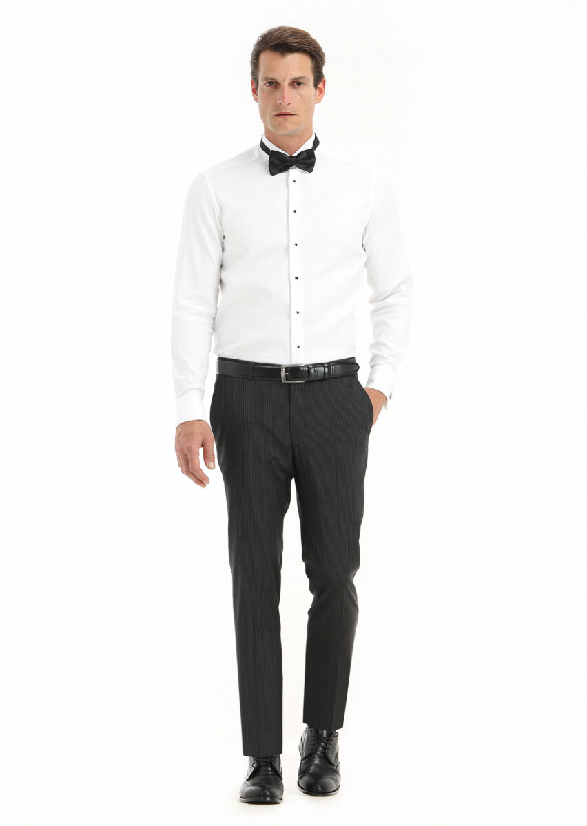 White Patterned Regular Fit Double Cuff Wing Collar Tuxedo Shirts - 1